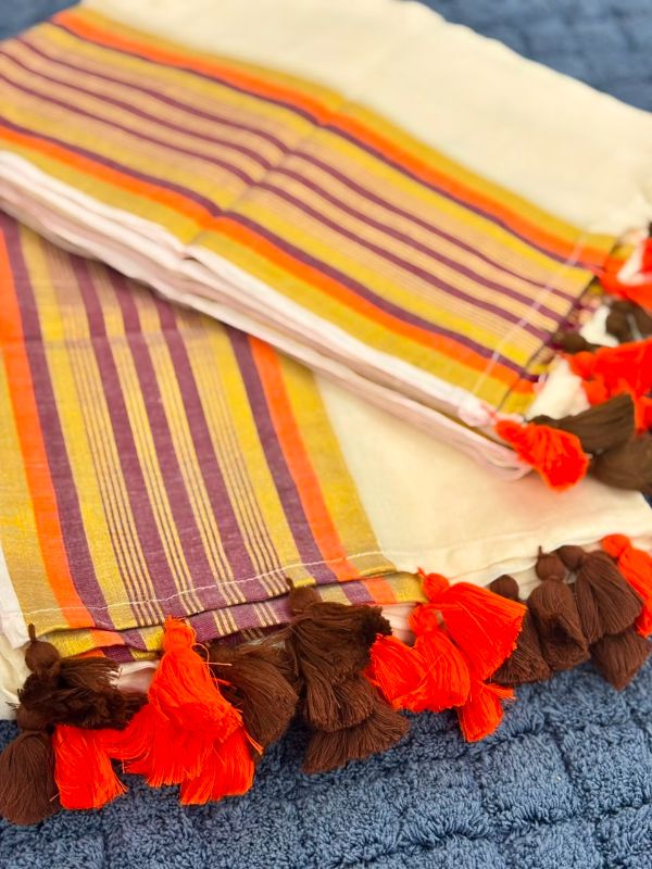 Coffee Brown & Orange Border Mulcotton Saree