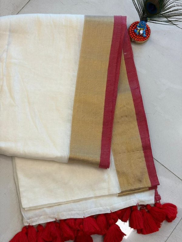 Off White and Red Soft Mulcotton saree(6 Meters)