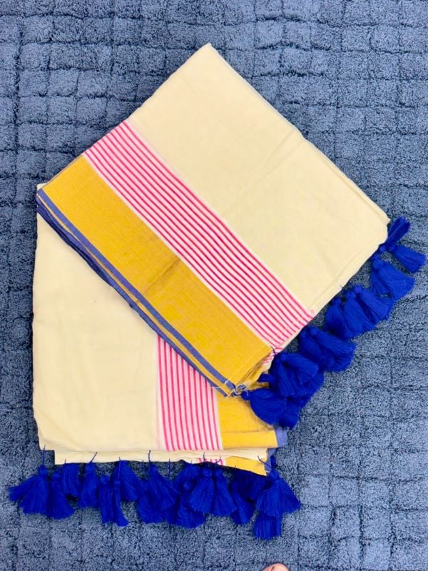 Blue & Pink Border Mulcotton Saree