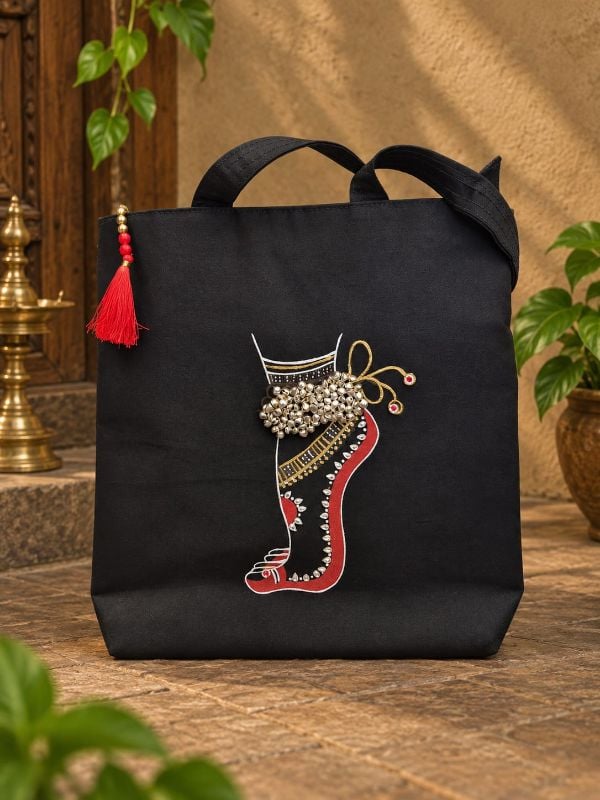 Dancers bag black cotton with silver bells