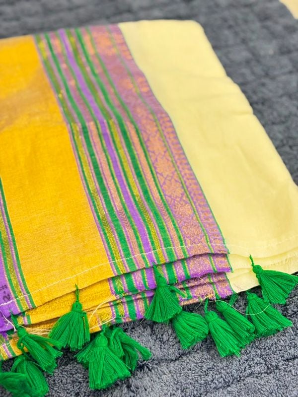Green & Lavender Border Mulcotton Saree
