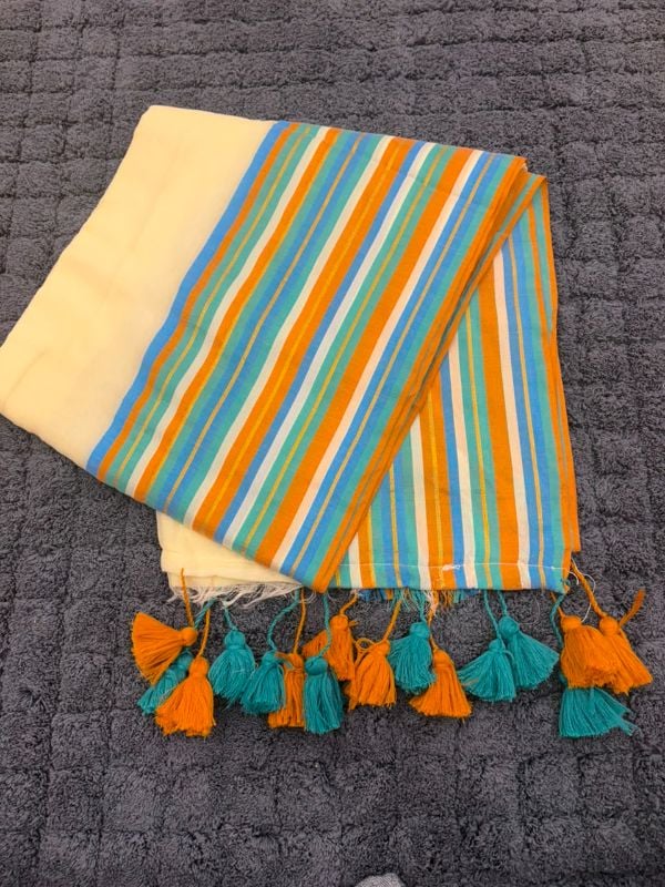 Blue & Brown Border mulcotton saree