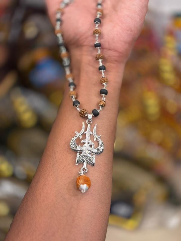 SILVER THRISOOLAM SILVER PLATED RUDRAKSHAM WITH KARUNGALI LOCKET MALA