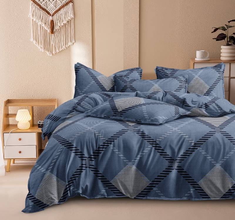 Dark blue with simple geometric graphics