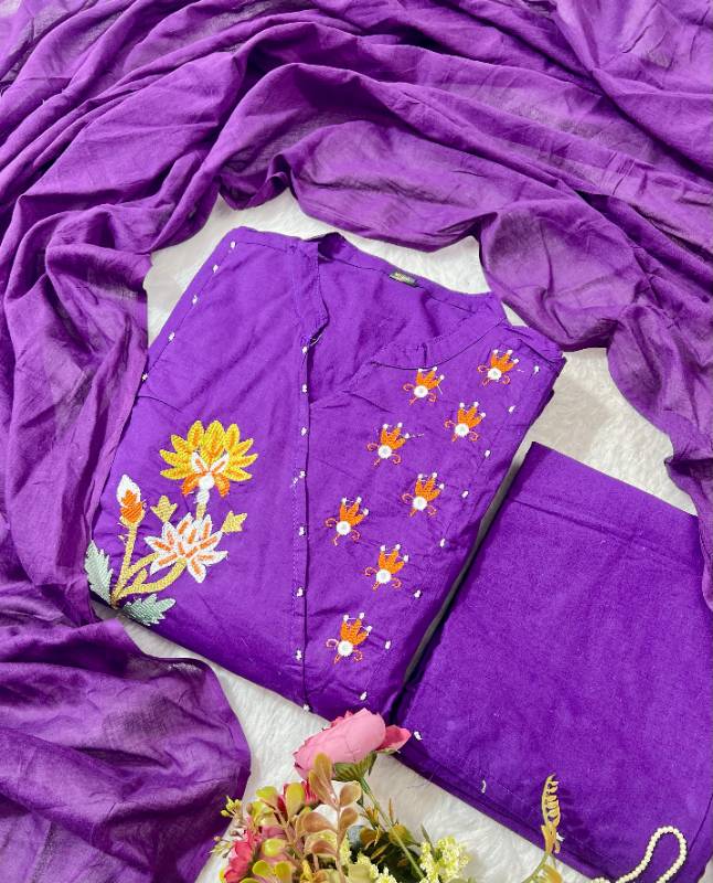Elegant Cotton Kurti Set with Sequence Embroidery and Mirror Work Dupatta