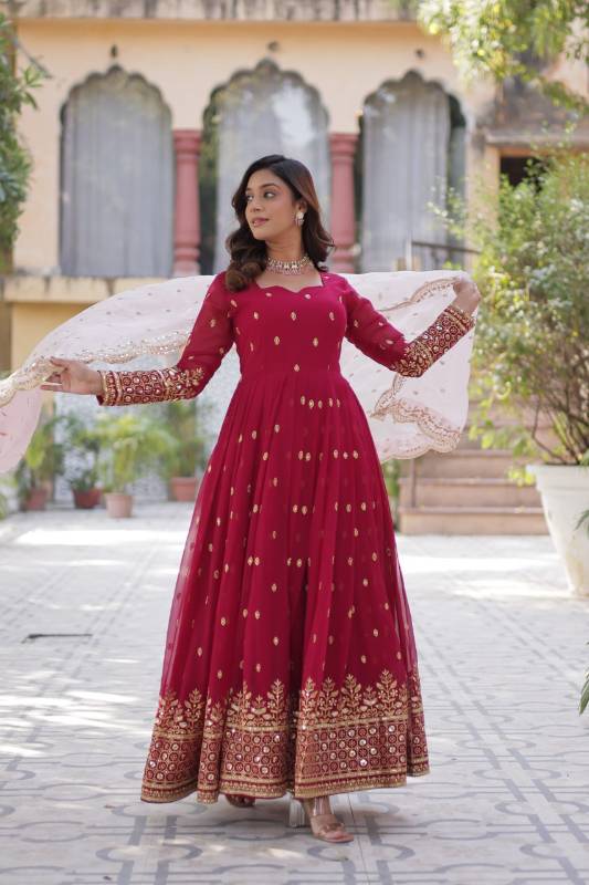 Faux Blooming Gown with Embroidery & Zari Sequins Work | Dupatta Included