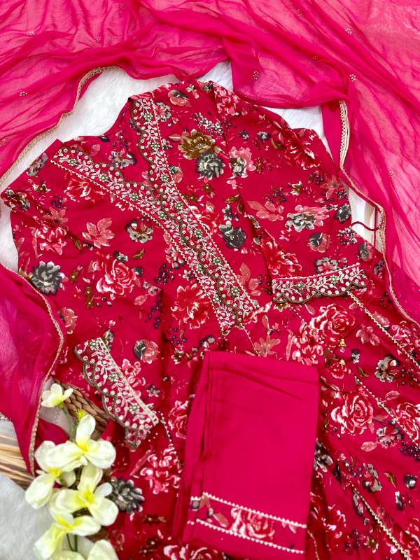 Beautiful ANARKALI KURTA With Heavy Reyon Embroidery Work On Yoke Along with Pant With Chiffon Duppata