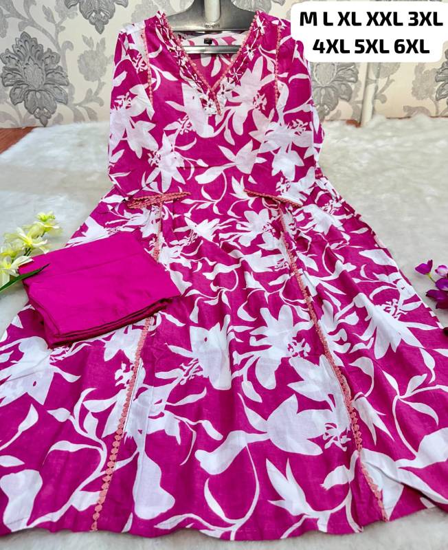 Elegant Pure Cotton Abstract Floral Kurti Set – Handwork Detailing & Pleated Design