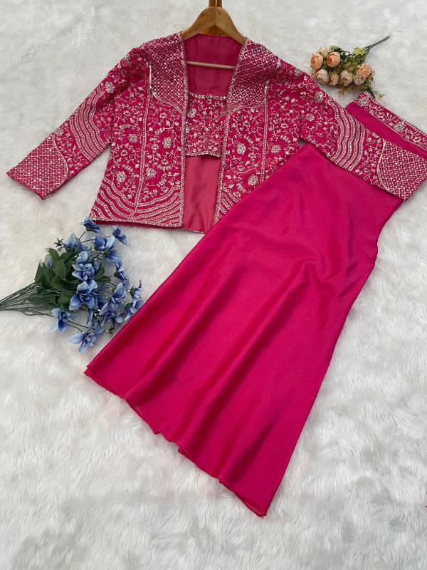 BB-13 | Elegant Rani Pink Chinon Palazzo Koti Blouse Set | Embroidered & Sequin Work | Free Size