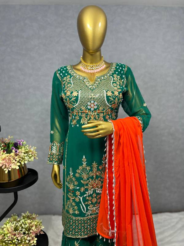 Elegant 3-Piece Kurti Set with Sharara and Dupatta - Embroidered Faux Georgette