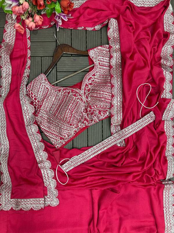 HB-184 Super Trending Embroidered Chinon Ready-to-Wear Saree with Belt & Blouse