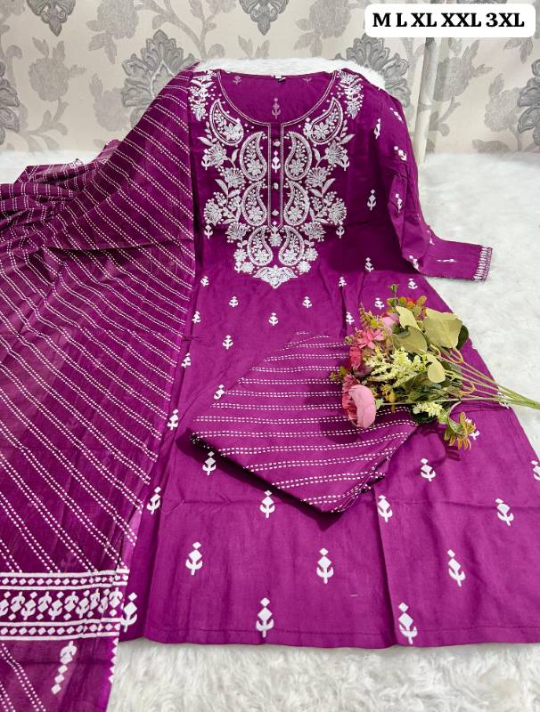 thereal Elegance Pure Cotton Ethnic Set - Embroidered Kurti, Pant, and Dupatta