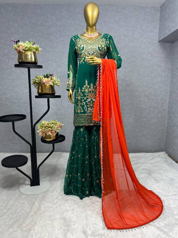Elegant 3-Piece Kurti Set with Sharara and Dupatta - Embroidered Faux Georgette
