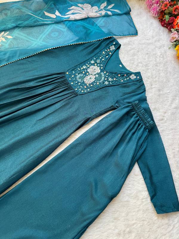 Premium Party Wear Vichitra Silk A-Line Gown with Pant & Dupatta Set | Elegant 3-Piece Collection