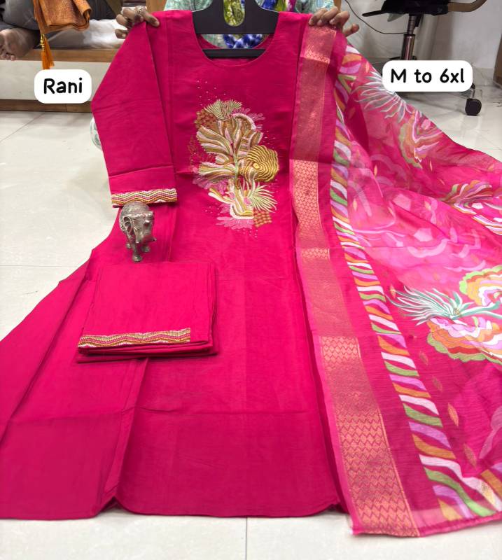 Premium Heavy Maslin Lakhnavi Work Kurti Pant Dupatta Set (M–6XL) – Elegant Ethnic Style