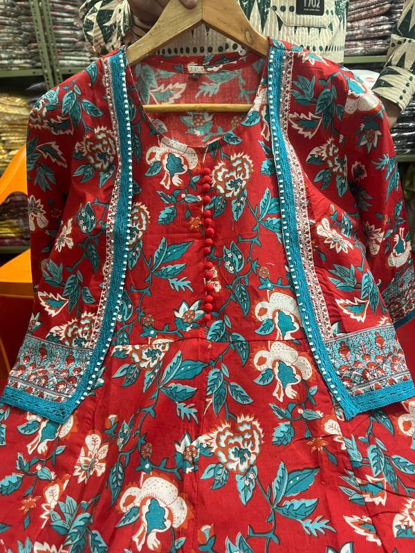 Beautiful cotton fabric Indo Western with embroidery work with shrug tussle