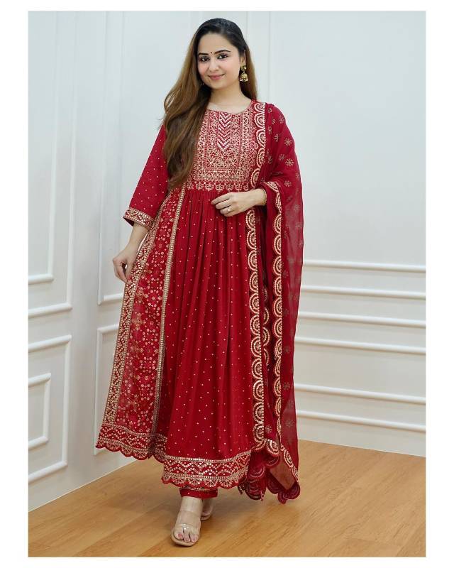 Elegant Rayon Naira Cut Kurti Set with Heavy Embroidery & Lace Work | Includes Pant & Printed Dupatta