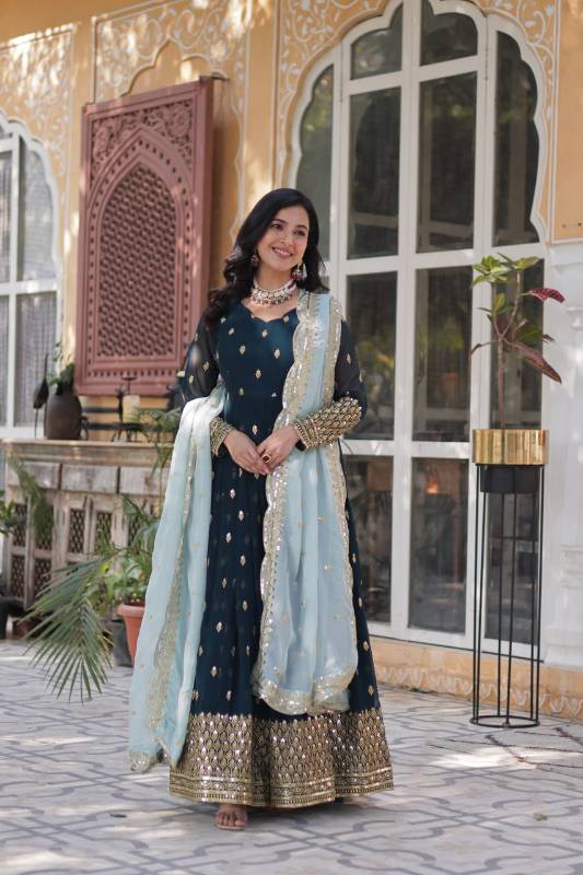 Faux Blooming Embroidered Gown with Tabby Silk Dupatta – KA-1136