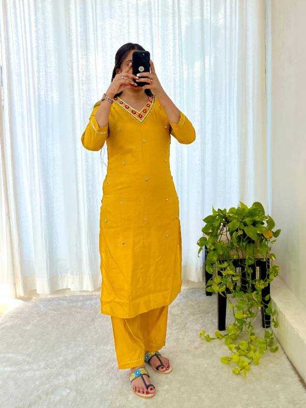 Premium Designer Kurti-Pant-Dupatta Set | Handwork Detailing | Roman Simmer Silk