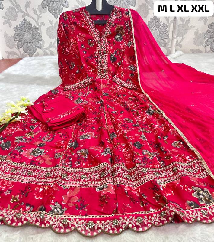 Beautiful ANARKALI KURTA With Heavy Reyon Embroidery Work On Yoke Along with Pant With Chiffon Duppata