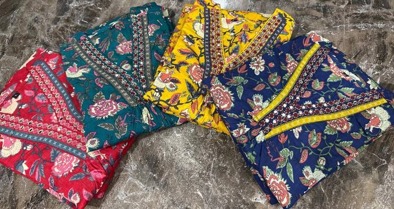 Jaipuri Cotton A Line Cut Kurti Pent With Dupatta