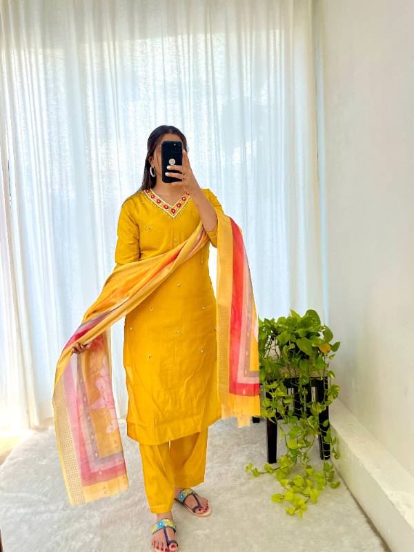 Premium Designer Kurti-Pant-Dupatta Set | Handwork Detailing | Roman Simmer Silk