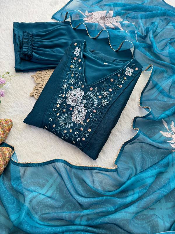 Premium Party Wear Vichitra Silk A-Line Gown with Pant & Dupatta Set | Elegant 3-Piece Collection