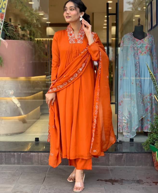 Exquisite Full Anarkali 3-Piece Pure Cotton Embroidered Suit with Dupatta