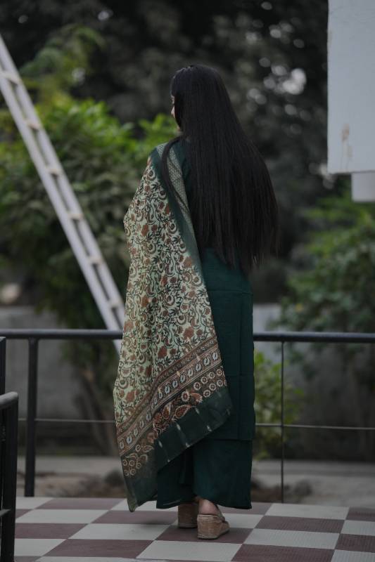 Elegant Bottle Green Maslin Silk Kurti Plazo Dupatta Set – Handcrafted Perfection