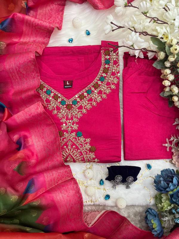 Rani Pink Dioamond Silk Kurti Pent With Jacquard Dupatta