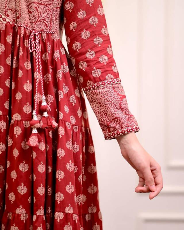 Dreamy Sanganeri Print Anarkali Kurta Set with Adda Work Detailing