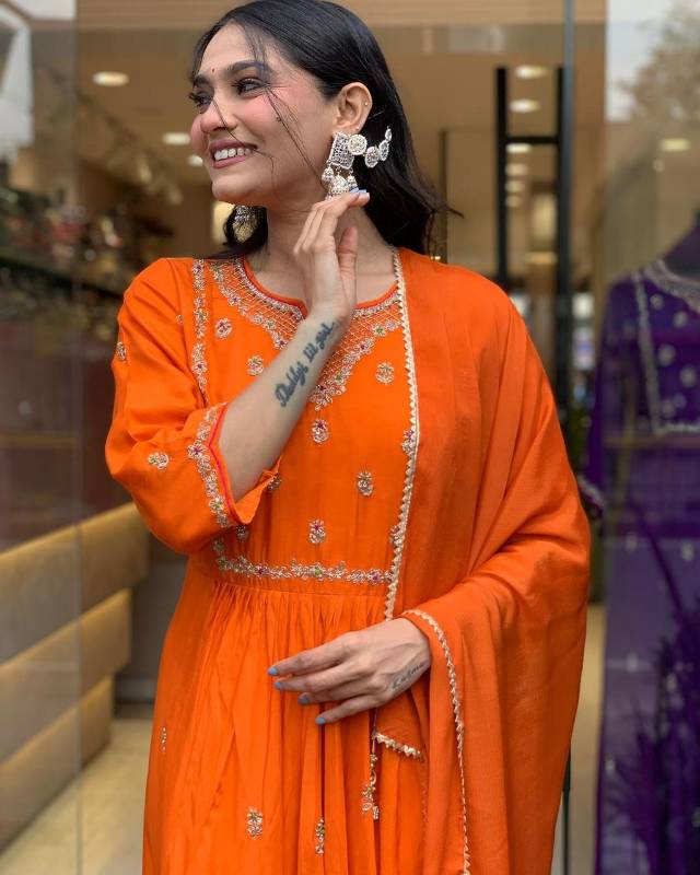 Elegant Rayon Kurta Pant Dupatta Set with Embroidery & Side Dori – Orange Celebration Wear