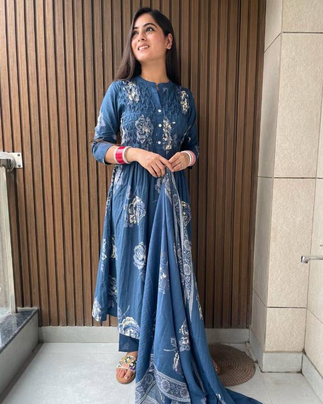 Vibrant Floral A-Line Cotton Pant Set with Pocket & Matching Dupatta | Hand Block Print"