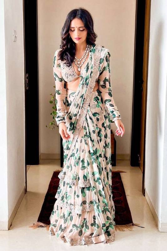 Designer Georgette Embroidered Saree with Ruffle and Resham Work