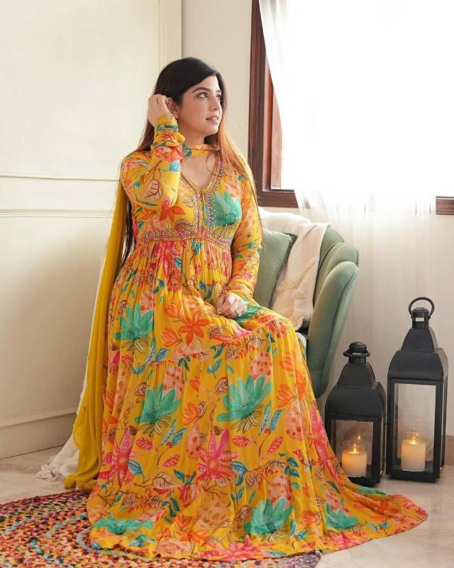 Glamorous Yellow Aliya Cut Ensemble Gown Pent With Dupatta