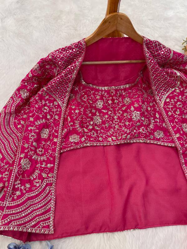 BB-13 | Elegant Rani Pink Chinon Palazzo Koti Blouse Set | Embroidered & Sequin Work | Free Size