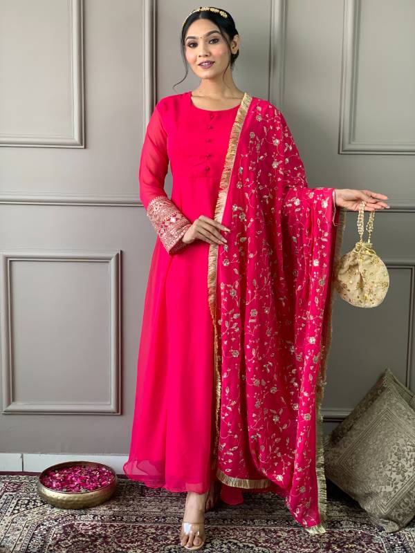 Gown Georgette Fabric Embroidery on sleeve also with heavy Embroidery Duppata with 4 Sid less