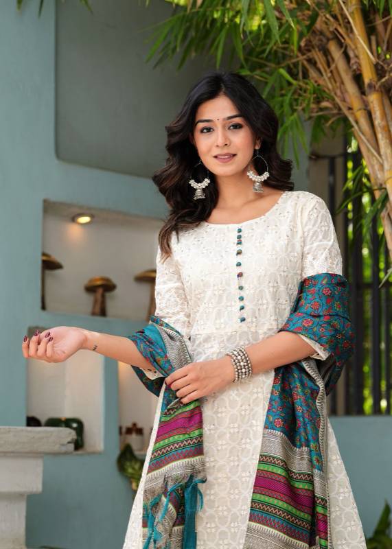 Classic Chikankari Cotton Anarkali Set with Digital Print Dupatta