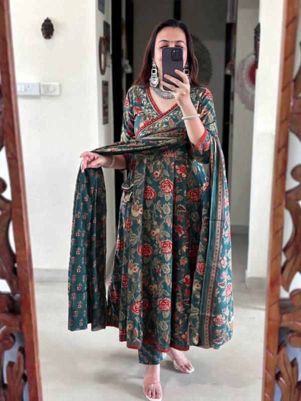 Anarkali Angrakha Style Kurti Pent With Dupatta Jaipuri Cotton