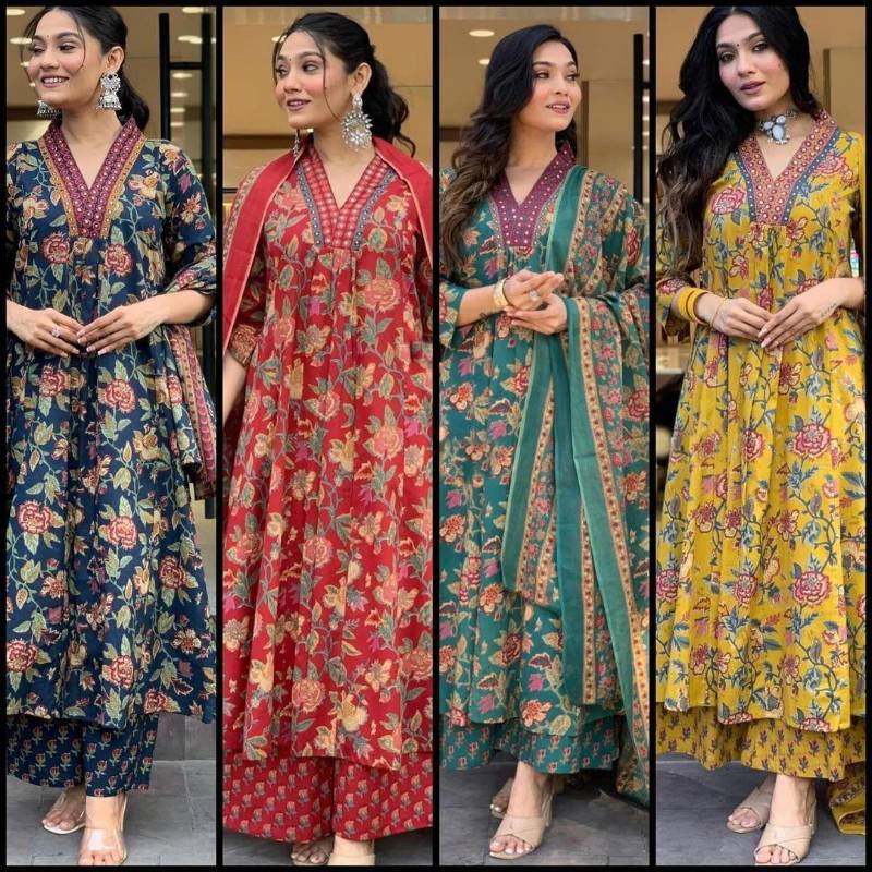 Jaipuri Cotton A Line Cut Kurti Pent With Dupatta