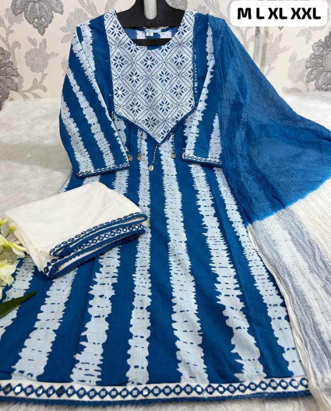 Premium Heavy Cotton Printed Kurti Set with Shells, Handwork & Tie-Dye Kota Doriya Dupatta