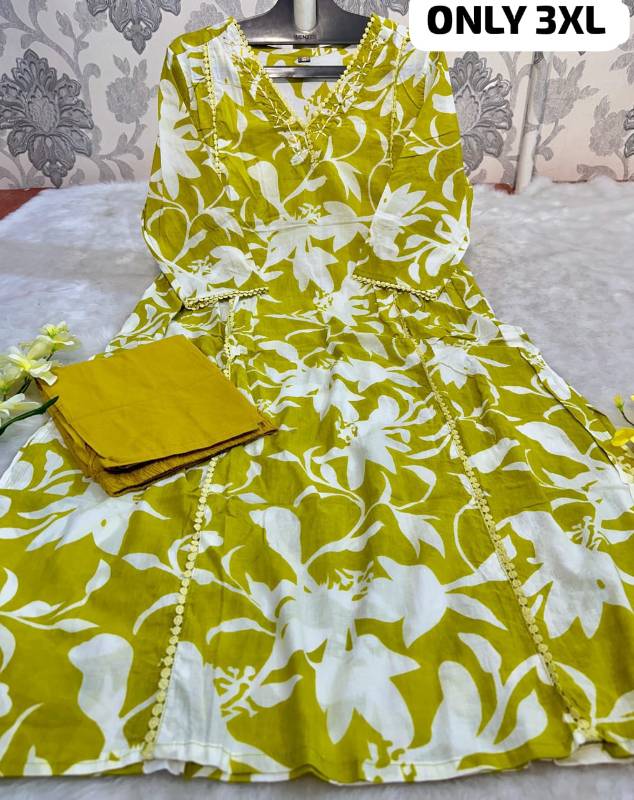 Abstract Floral Cotton Kurti Set with Handwork and Side Pleats