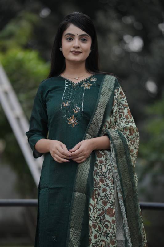 Elegant Bottle Green Maslin Silk Kurti Plazo Dupatta Set – Handcrafted Perfection