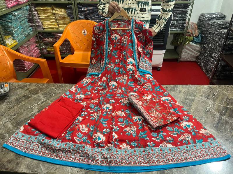 Beautiful cotton fabric Indo Western with embroidery work with shrug tussle