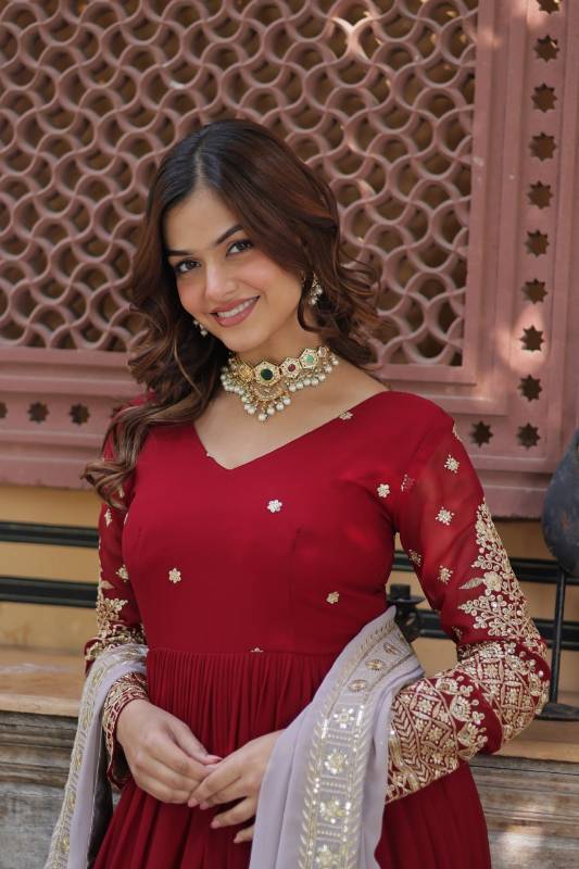 Faux Blooming Embroidered Gown with Zari Sequins Work | Fancy V Neck | Designer Dupatta