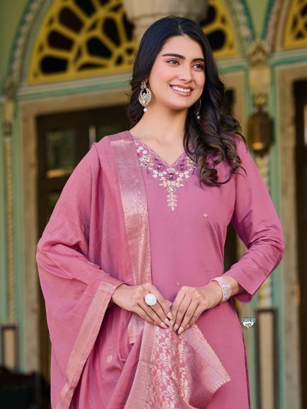 Heavy Roman Silk Kurti Set with Hand Embroidery, Zari Work & Banarasi Dupatta (3-Piece |