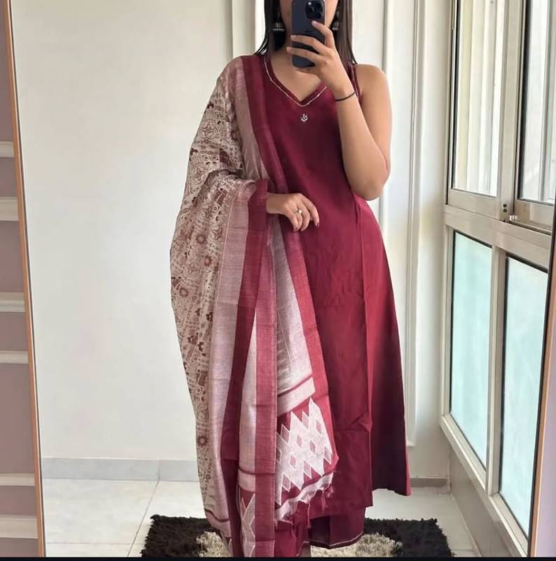 Premium Sleeveless Cotton Slub Kurti Set with Khadi Silk Dupatta & Katha Handwork | Size M to XXL
