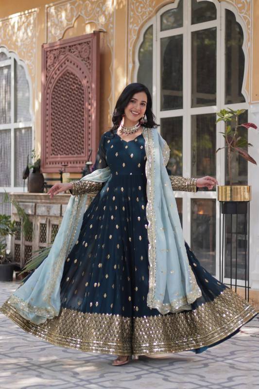Faux Blooming Embroidered Gown with Tabby Silk Dupatta – KA-1136