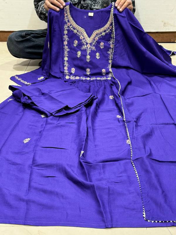 Elegant Rayon Kurta Pant Dupatta Set with Embroidery & Side Dori – Lavender Celebration Wear