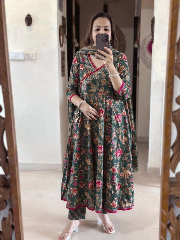 Anarkali Angrakha Style Kurti Pent With Dupatta Jaipuri Cotton